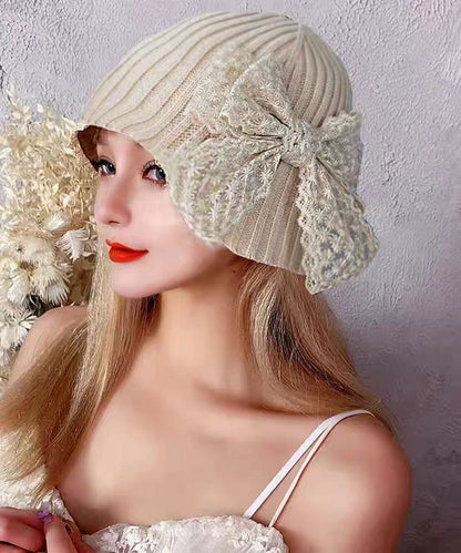 New Sweet Beige Lace Bow Knitted Bucket Hat