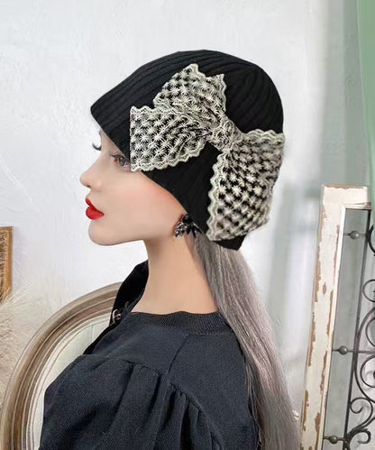 New Sweet Beige Lace Bow Knitted Bucket Hat