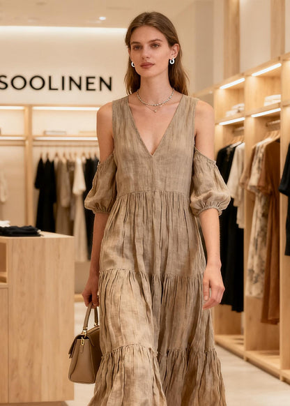 New V Neck Cold Shoulder Wrinkled Patchwork Cotton Long Dresses Summer