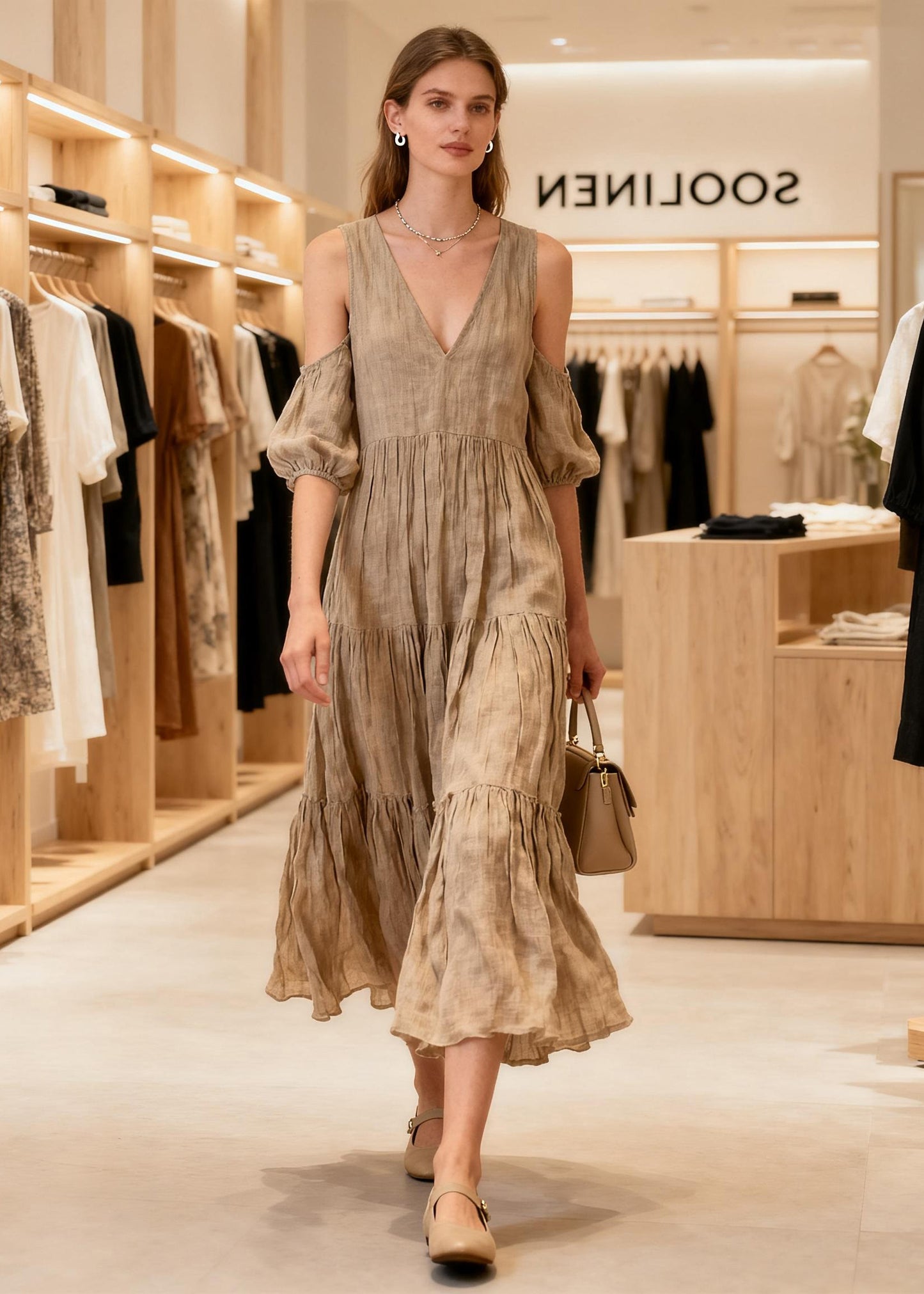 New V Neck Cold Shoulder Wrinkled Patchwork Cotton Long Dresses Summer