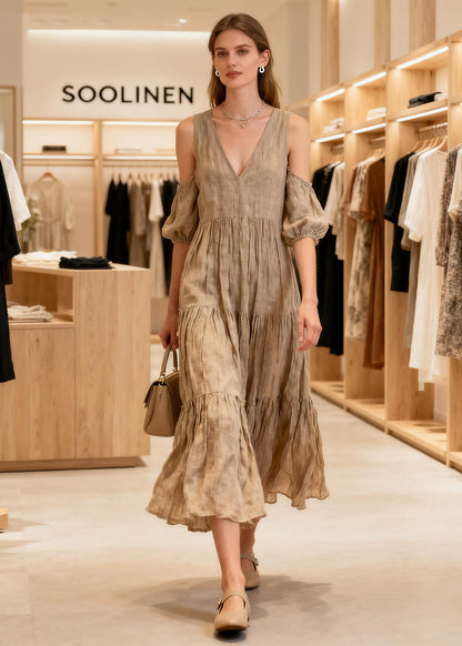 New V Neck Cold Shoulder Wrinkled Patchwork Cotton Long Dresses Summer