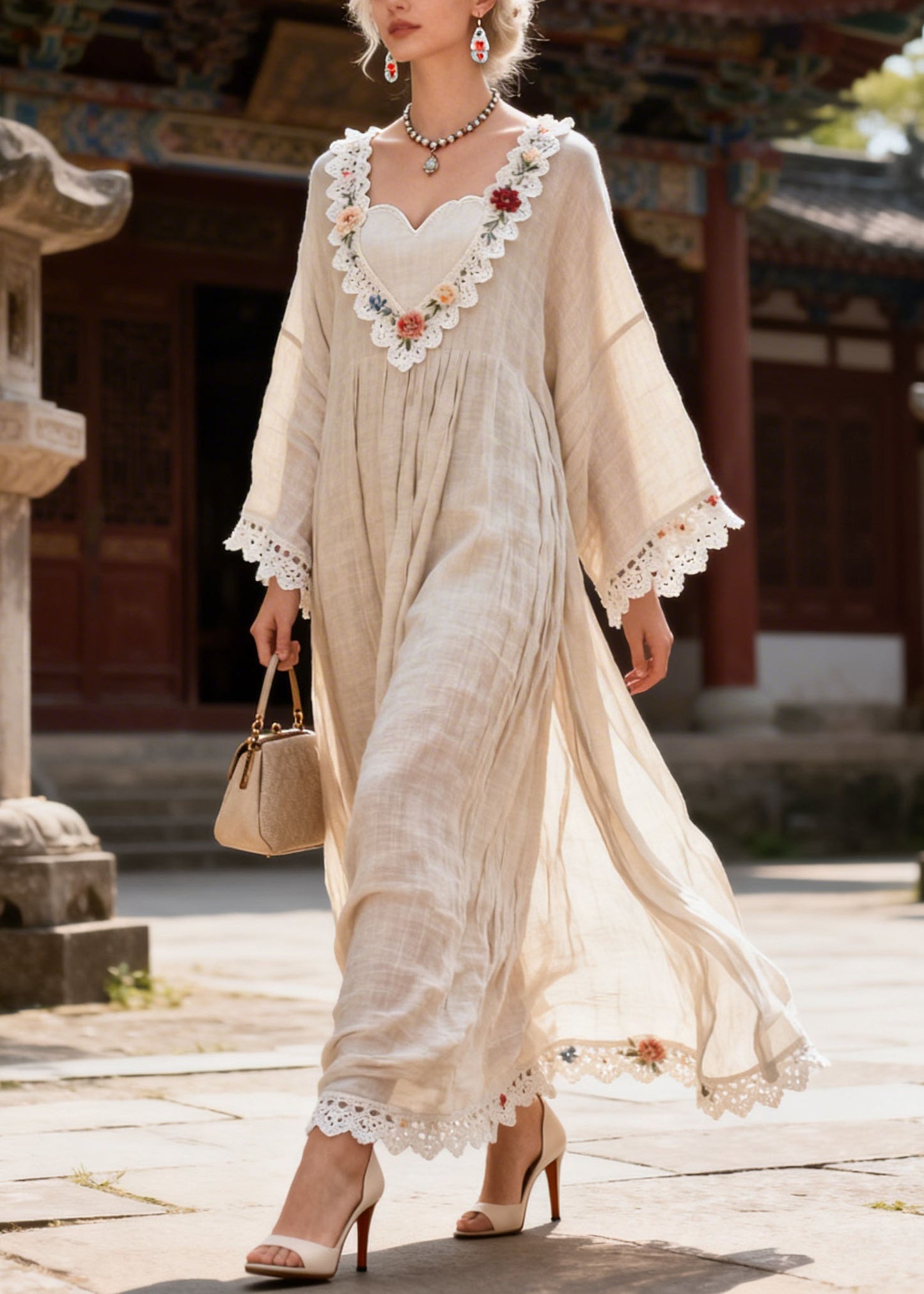 New V Neck Lace Floral Patchwork Cotton Dress Summer