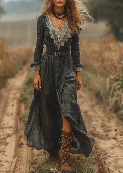 New V Neck Lace Patchwork Cotton Vacation Dress Spring