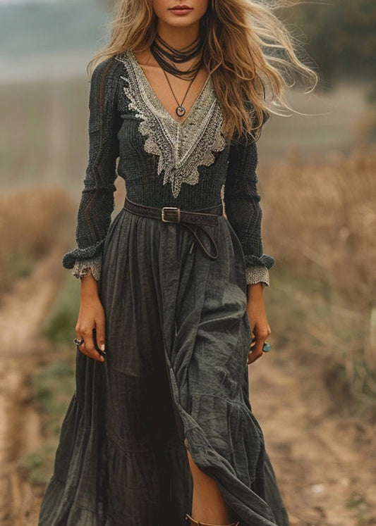 New V Neck Lace Patchwork Cotton Vacation Dress Spring