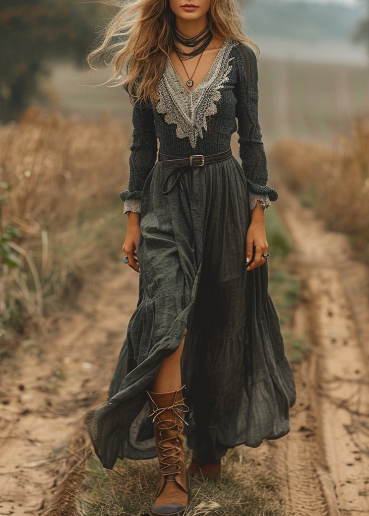 New V Neck Lace Patchwork Cotton Vacation Dress Spring