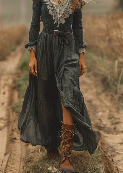 New V Neck Lace Patchwork Cotton Vacation Dress Spring