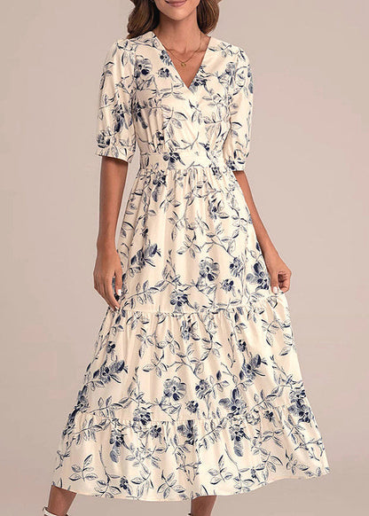 New V Neck Print High Waist Cotton Maxi Dress Summer