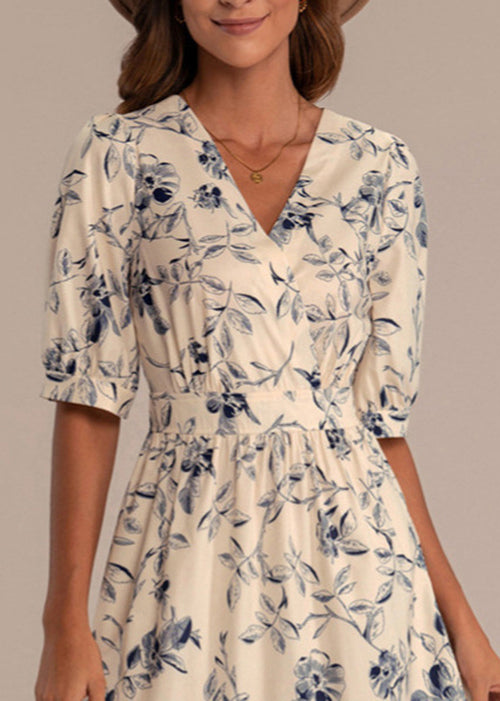 New V Neck Print High Waist Cotton Maxi Dress Summer