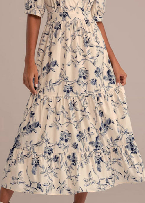 New V Neck Print High Waist Cotton Maxi Dress Summer