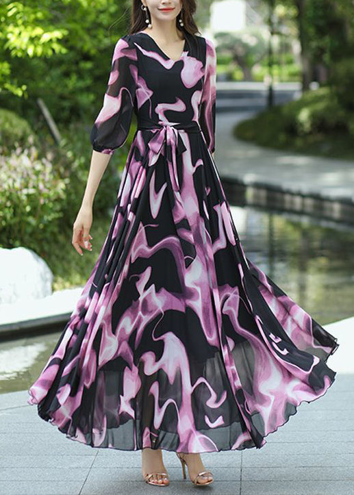 New V Neck Print Lace Up Chiffon Long Dress Summer