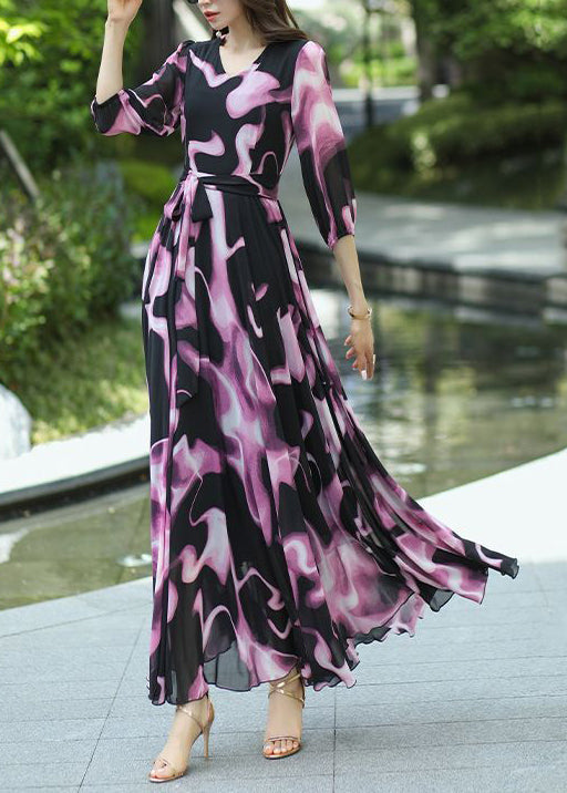 New V Neck Print Lace Up Chiffon Long Dress Summer