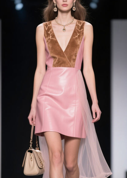 New V Neck Tulle Patchwork Faux Leather Mid Dresses Sleeveless