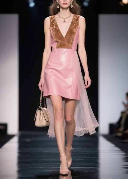 New V Neck Tulle Patchwork Faux Leather Mid Dresses Sleeveless