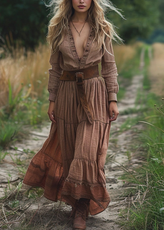 New V Neck Wrinkled Patchwork Cotton Maxi Dresses Spring