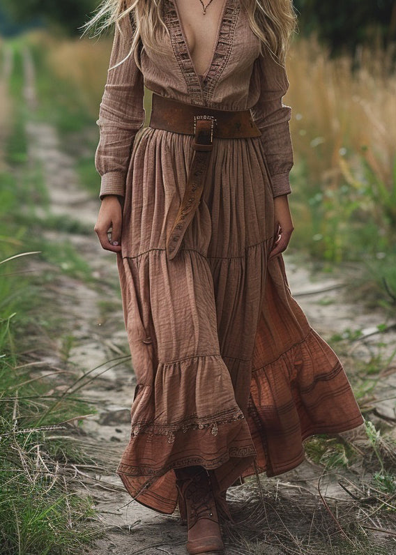 New V Neck Wrinkled Patchwork Cotton Maxi Dresses Spring