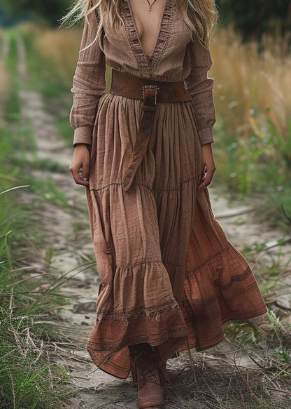 New V Neck Wrinkled Patchwork Cotton Maxi Dresses Spring