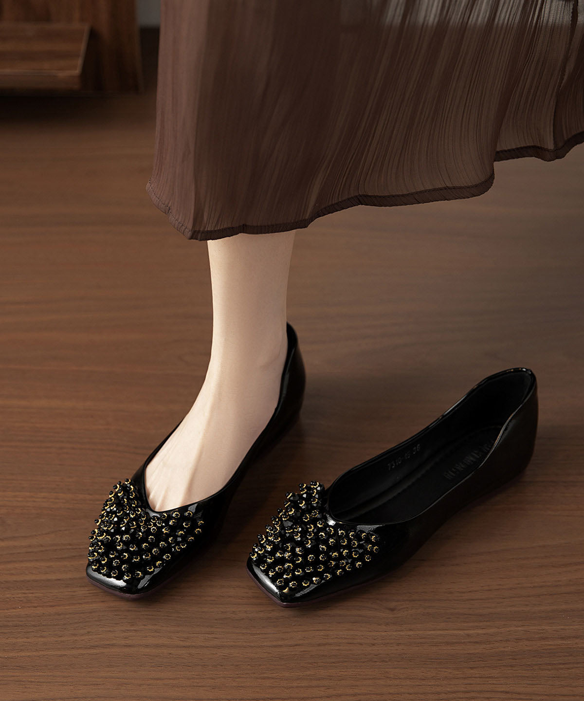 New Versatile Gold Rhinestone Square Toe Flat Shoes