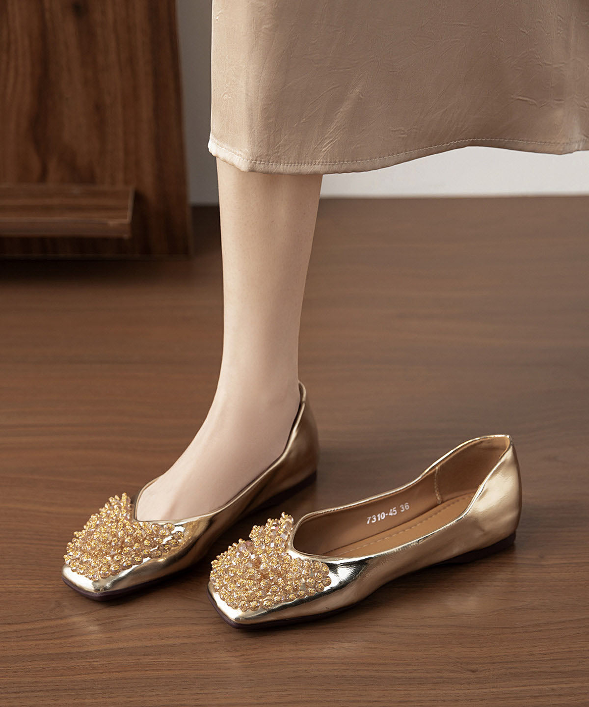 New Versatile Gold Rhinestone Square Toe Flat Shoes