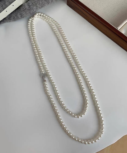 New White Alloy Double-Layer Pearl Beading Lariat Necklace