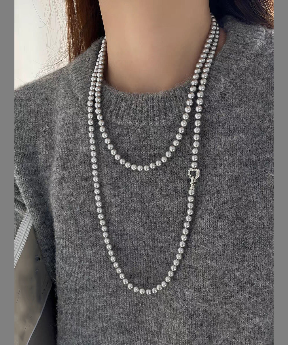 New White Alloy Double-Layer Pearl Beading Lariat Necklace