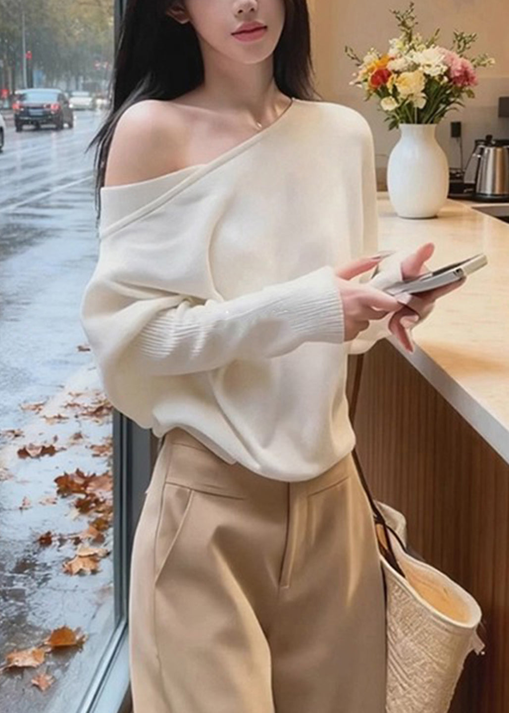 New White Asymmetrical Shoulder Solid Knit Sweaters Batwing Sleeve
