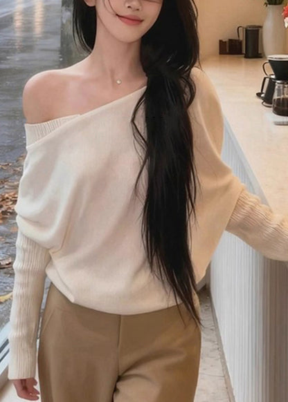 New White Asymmetrical Shoulder Solid Knit Sweaters Batwing Sleeve