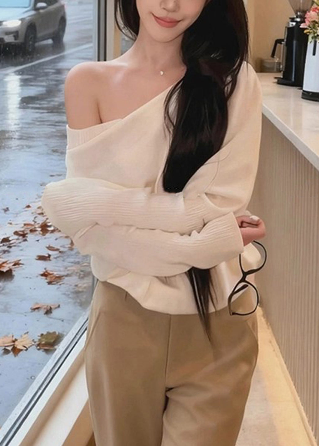 New White Asymmetrical Shoulder Solid Knit Sweaters Batwing Sleeve