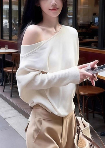 New White Asymmetrical Shoulder Solid Knit Sweaters Batwing Sleeve