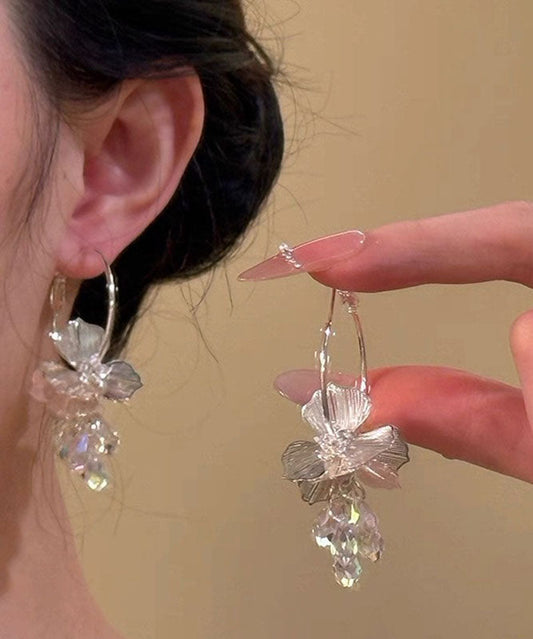 New White Copper Alloy Zircon Crystal Floral Hoop Earrings