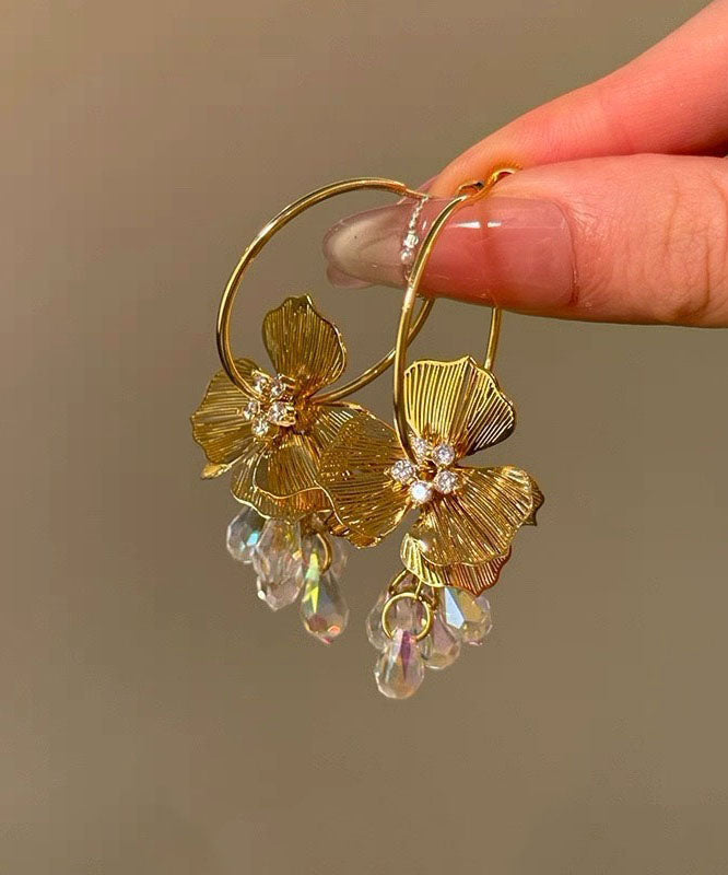 New White Copper Alloy Zircon Crystal Floral Hoop Earrings