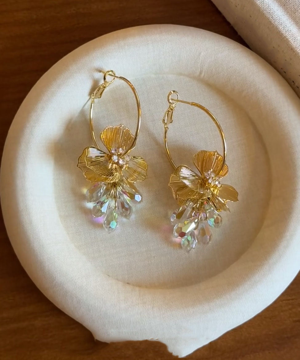New White Copper Alloy Zircon Crystal Floral Hoop Earrings