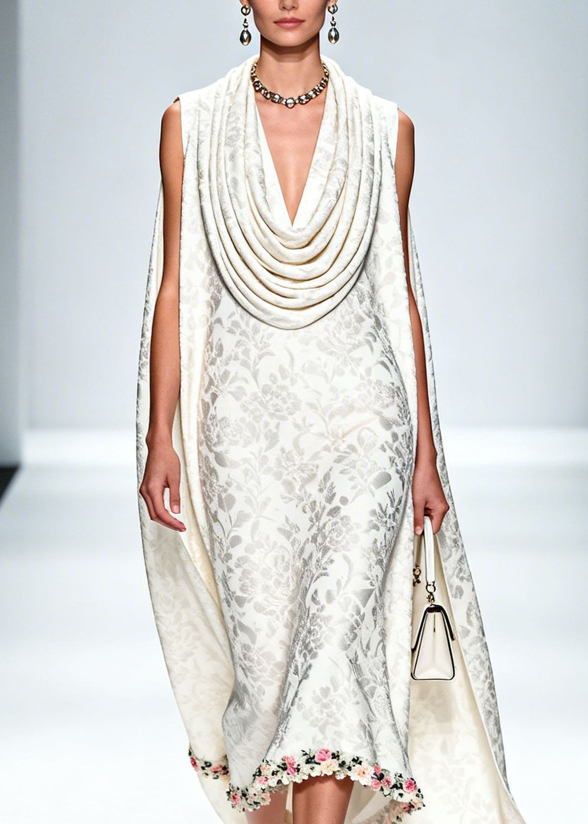New White Draped Neckline Print Patchwork Silk Maxi Dress Summer