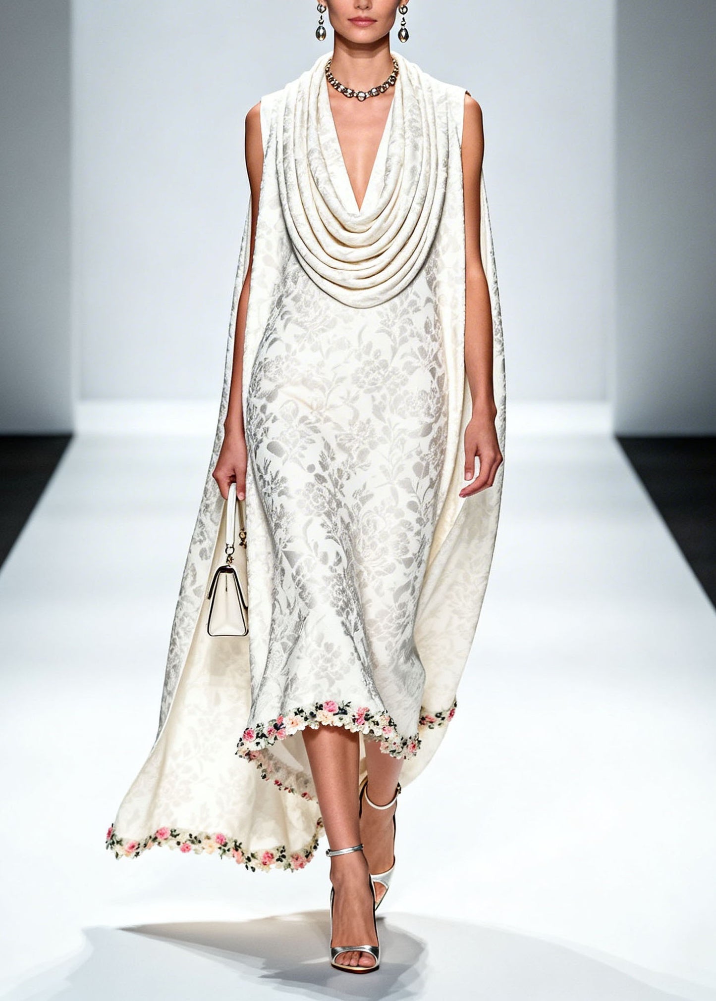 New White Draped Neckline Print Patchwork Silk Maxi Dress Summer