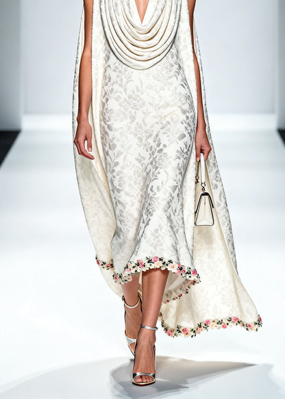 New White Draped Neckline Print Patchwork Silk Maxi Dress Summer