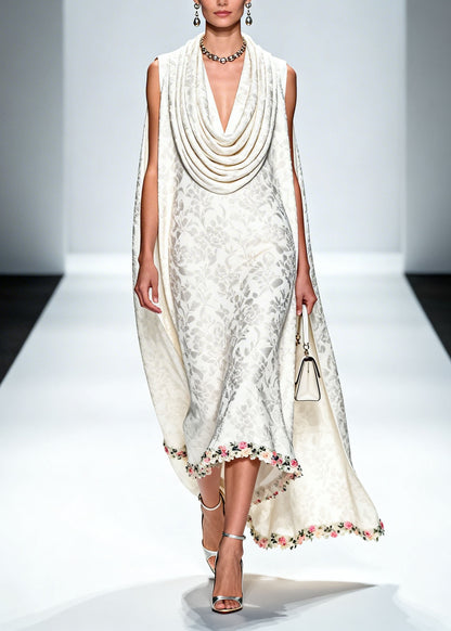 New White Draped Neckline Print Patchwork Silk Maxi Dress Summer