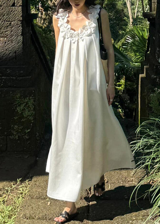 New White Floral Solid Cotton Maxi Dresses Sleeveless