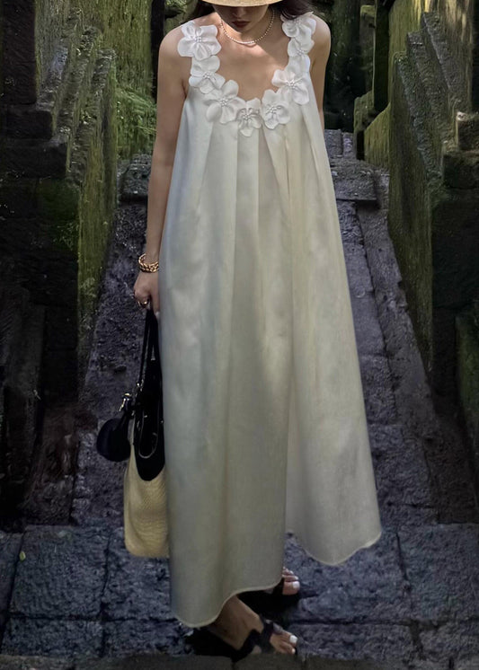 New White Floral Solid Cotton Maxi Dresses Sleeveless
