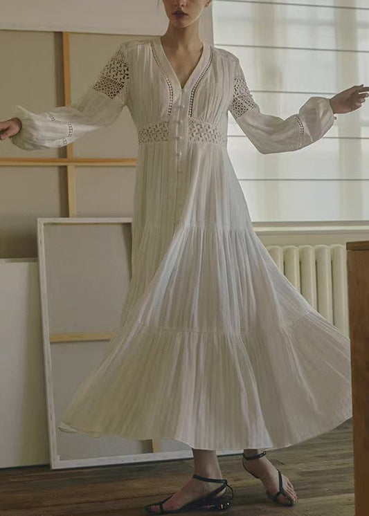 New White Hollow Out Button Cotton Blouses Dresses Spring