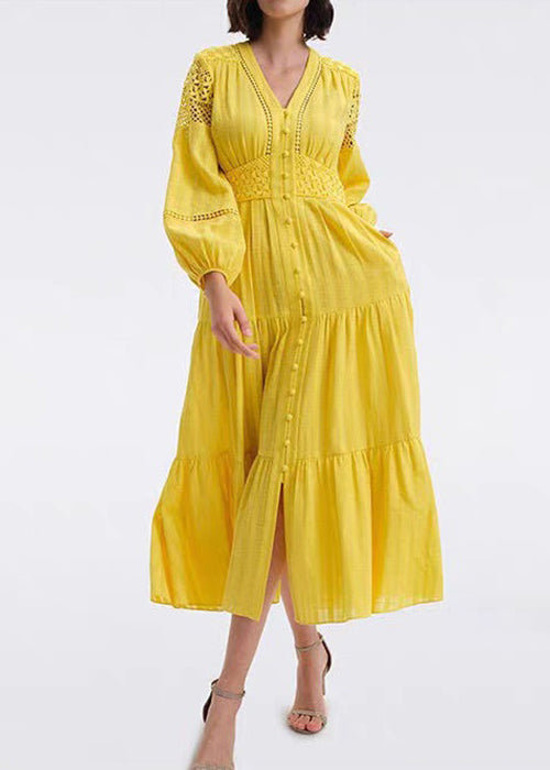 New White Hollow Out Button Cotton Blouses Dresses Spring