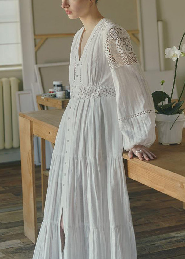 New White Hollow Out Button Cotton Blouses Dresses Spring