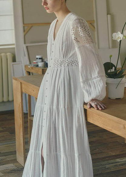 New White Hollow Out Button Cotton Blouses Dresses Spring