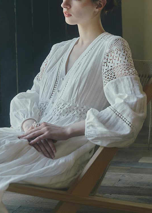 New White Hollow Out Button Cotton Blouses Dresses Spring