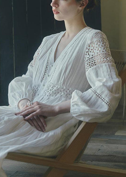 New White Hollow Out Button Cotton Blouses Dresses Spring