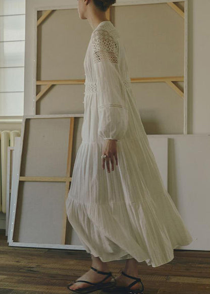 New White Hollow Out Button Cotton Blouses Dresses Spring