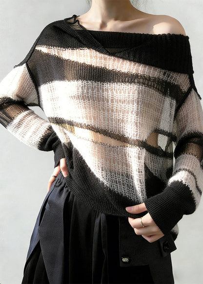 New White Hollow Out Cozy Patchwork Thin Knit Sweater Spring