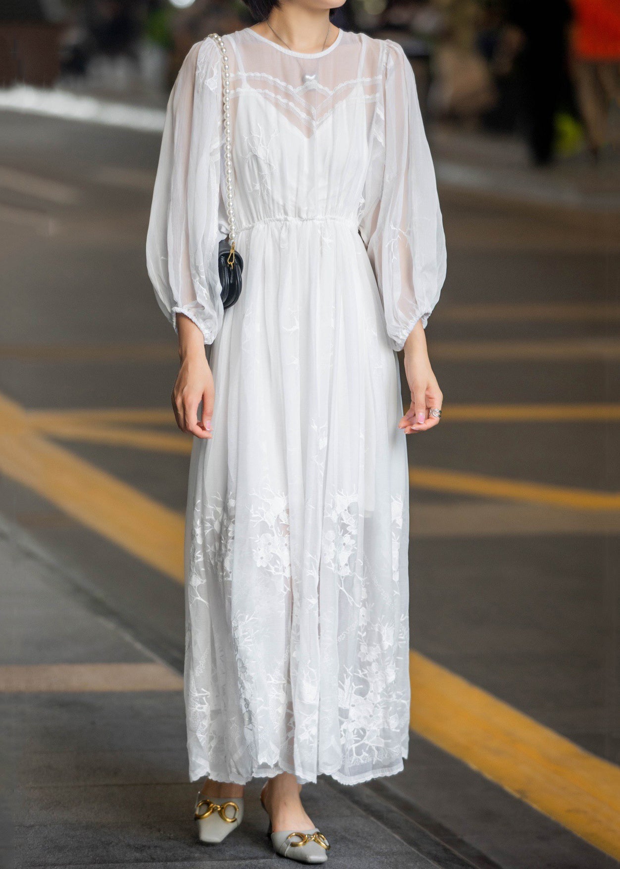 New White Lace Embroidered Lace Up Chiffon Long Dress Fall