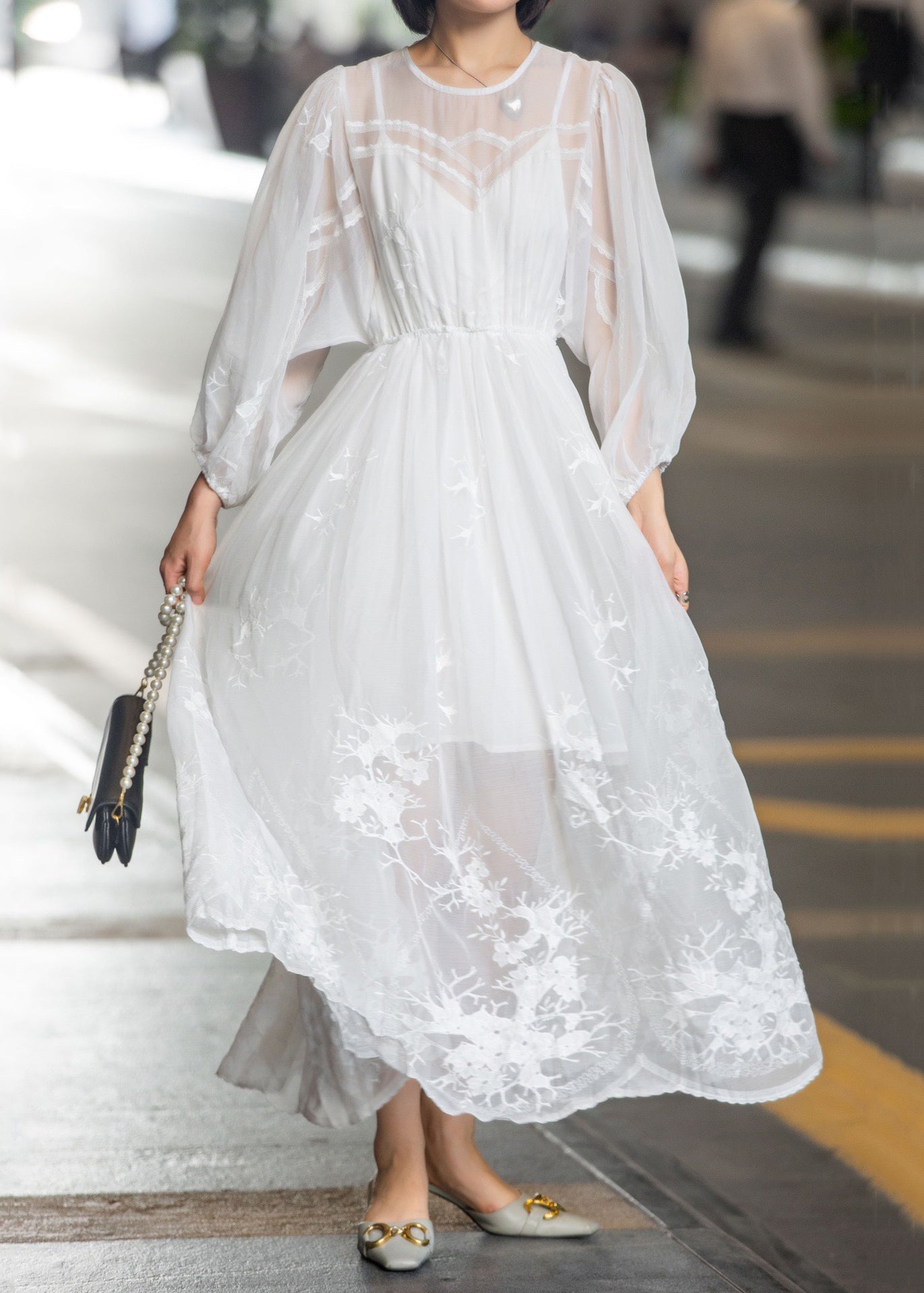 New White Lace Embroidered Lace Up Chiffon Long Dress Fall