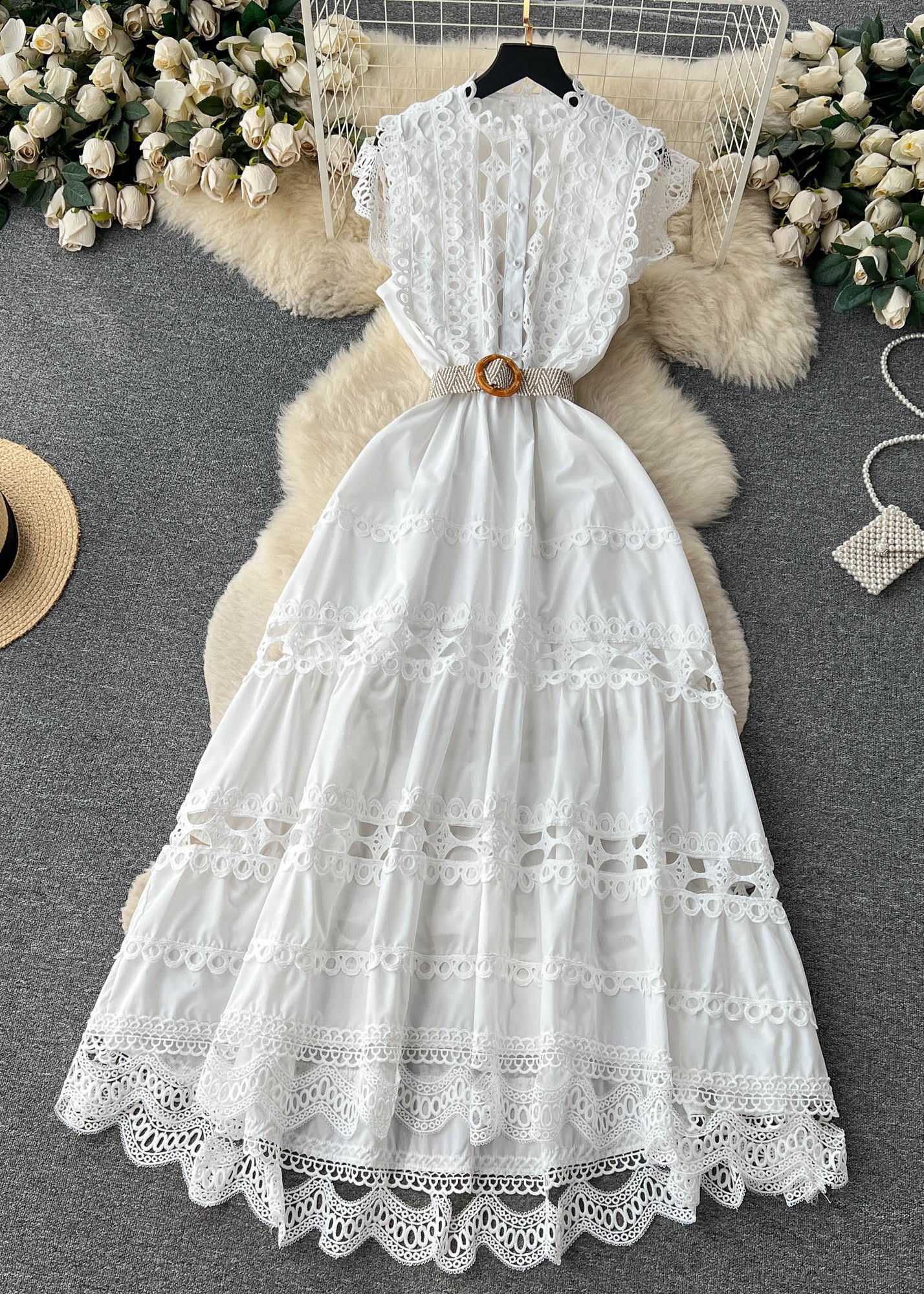 New White Lace Hollow Out Cotton Dress Sleeveless