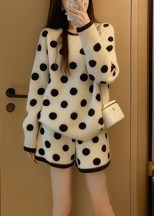 New White O Neck Dot Print Knit Two Piece Set Winter