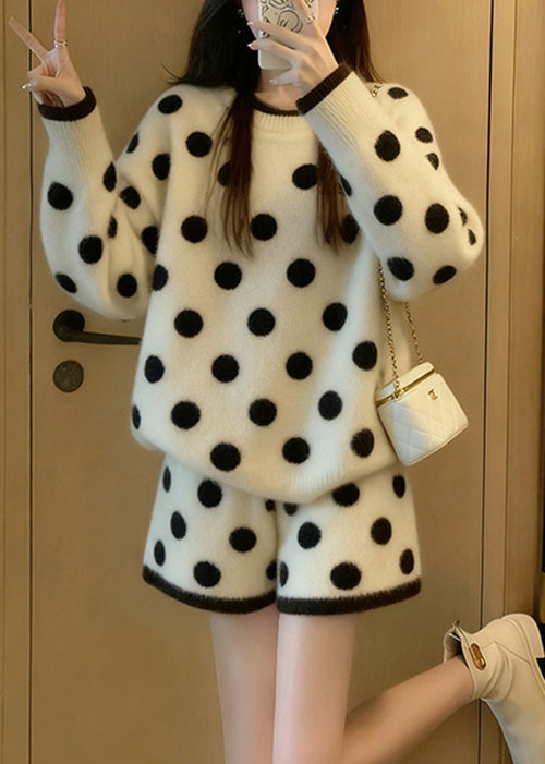 New White O Neck Dot Print Knit Two Piece Set Winter